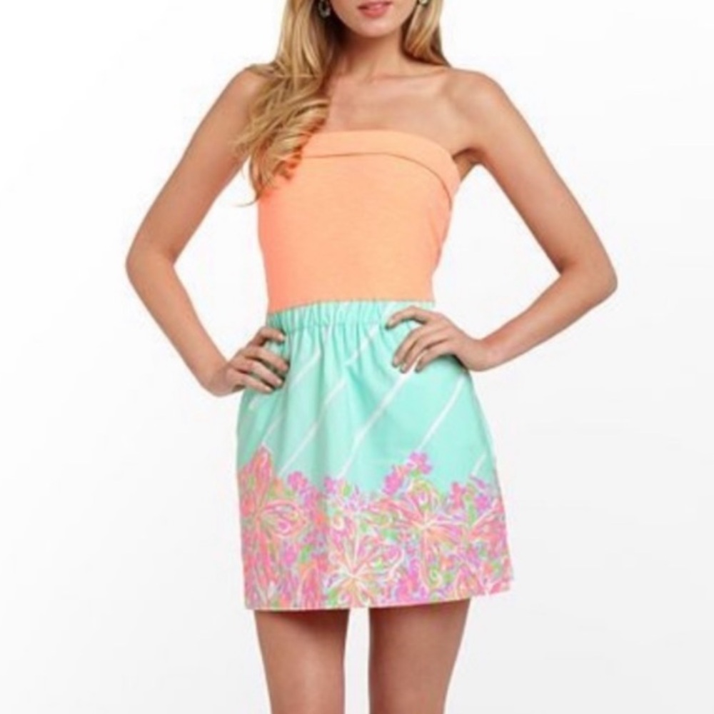 Lilly Pulitzer Fleur strapless dress in Sand Bar Blue Crash Landing print